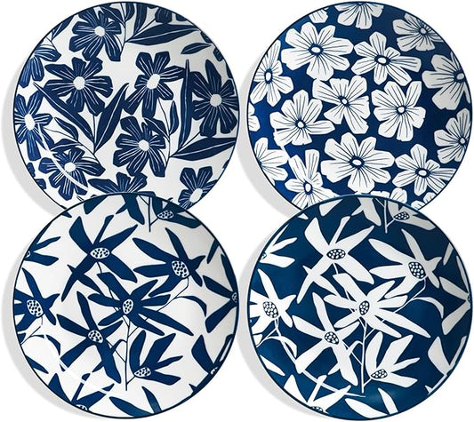 ONEMORE Dinner Plates Set of 4, 10.5 Inch Porcelain Plate, Blue and White Salad Dessert Plates, Microwave & Dishwasher Safe Scratch Resistant Large Serving Dish Plate
