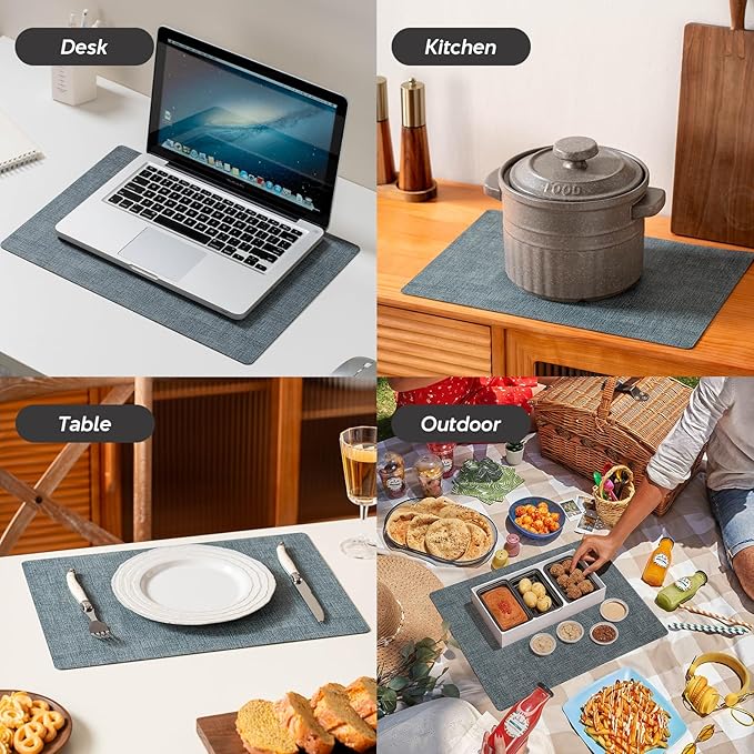 Vinyl Placemats Set of 4 - Faux Leather 100% Waterproof Oil-Proof Wipeable PU Place Mats, Heat Resistant Reversible Table Mats for Kitchen, Dining, Outdoor (Gray Blue)