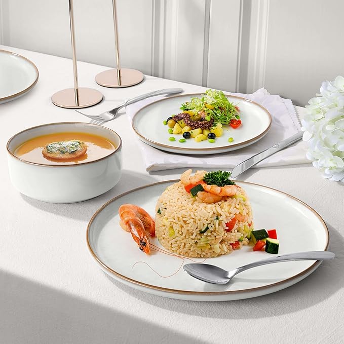 Herogo 18-Piece Stoneware Dinnerware Set for 6, Handmade Plates & Bowls with Double Reactive Glaze, Microwave and Dishwasher Safe, Scratch Resistant, Ivory White