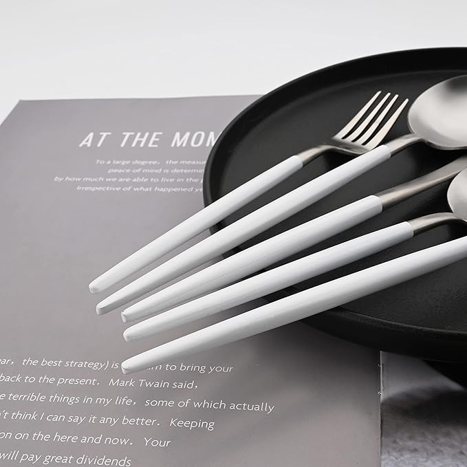 Flatware Set 18/10 Stainless Steel Matte White Handle Silver - Kitchen Utensil Serving Set of Dinner Fork Knife Spoons Salad Fork Dessert Spoon,20 Piece, Service for 4 (White + Silver)