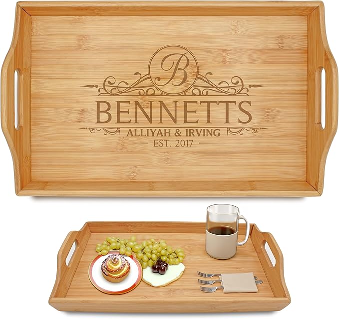 Personalized Bamboo Wood Serving Tray with Handles, Engraved Wooden Trays, Wedding Gifts, Housewarming Gifts (Bennetts)