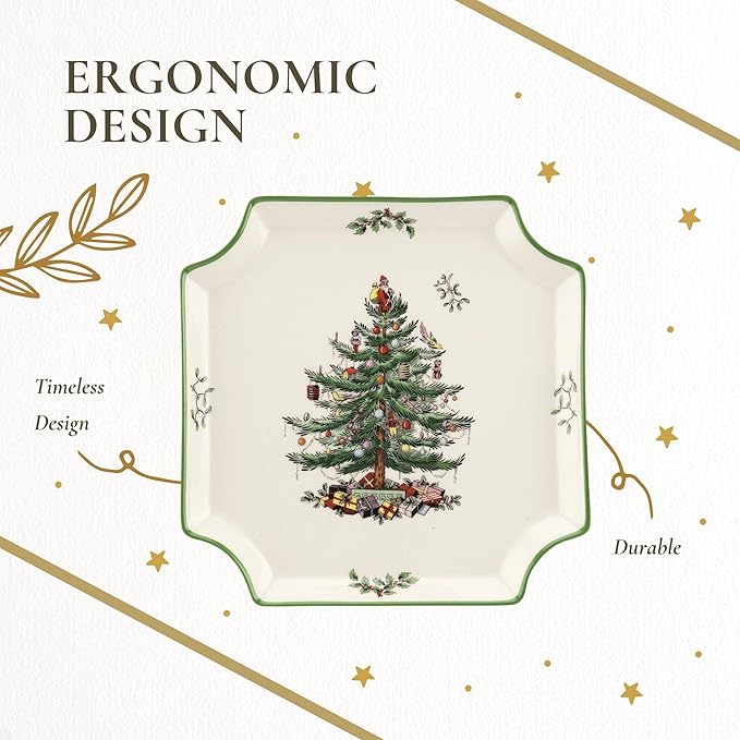 Spode Christmas Tree Canape Plate - 8" Holiday Serving Dish for Appetizers, Desserts, Treats - Fine Porcelain with Green Border, Dishwasher Safe - Ideal Christmas Tableware