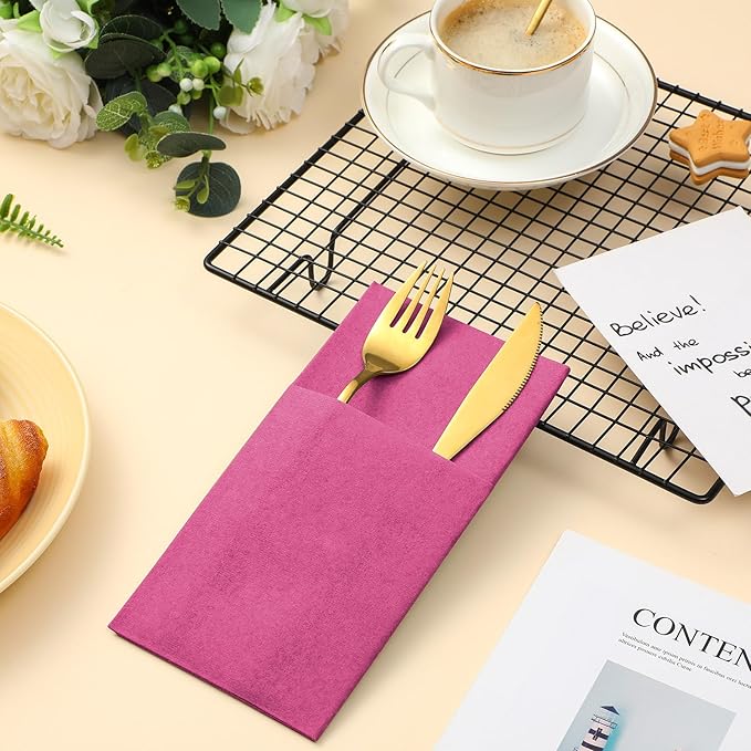 Cindeer 75 Pcs Hot Pink Linen Dinner Feel Napkins with Built in Flatware Pocket Prefolded Paper Disposable Airlaid Guest Hand Towel for Silverware Wedding Reception Christmas Baby Shower