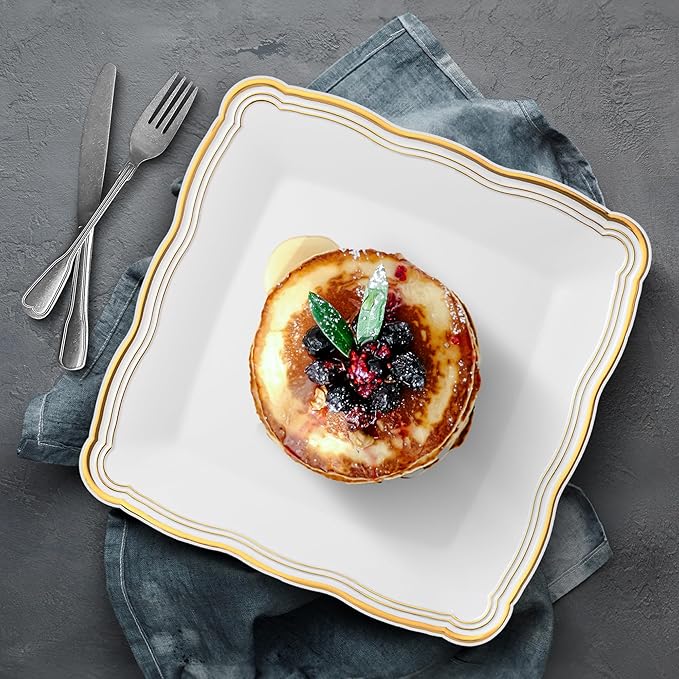 Posh Setting - White Plastic Serving Trays 6 Pack, Heavyweight Plastic Trays for Serving Food Party, Gold Rim Border Disposable Serving Platters and Trays, Platters for Serving Food Party - 12"x12"