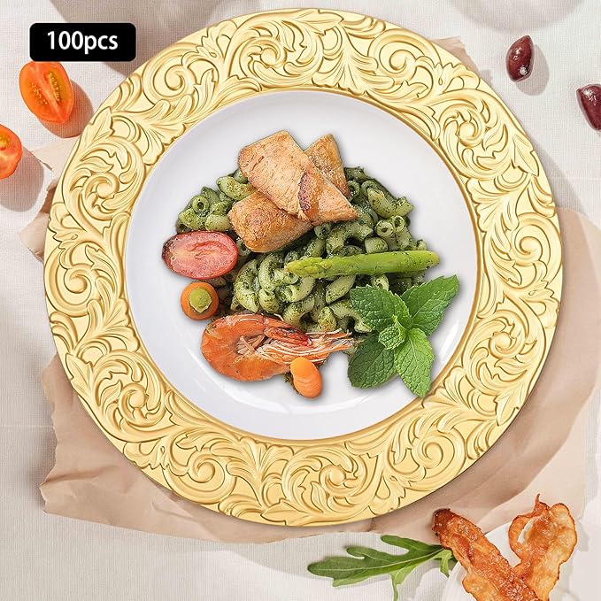 Gold Plastic Charger Plates Set of 100, 13” Reusable Party Chargers for Dinner Plates, Elegant Round Service Plate Chargers Bulk Decorative for Wedding, Catering Table Decor