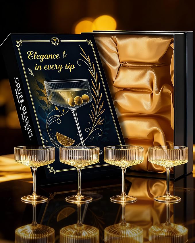 Evoio Martini Coupe Glasses Set of 4 | 10 oz Elegant Ribbed Vintage Cocktail Glasses, Premium Crystal Glass for Champagne, Espresso Martini, Desserts | Perfect for Gifts & Entertaining