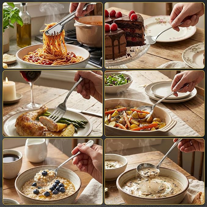 17 Pcs Silver Serving Utensils Set Include Stainless Steel Large Serving Spoons Slotted Spoons Forks Soup Ladle Pie Server - Metal Utensils for Parties Buffet Catering, Dishwasher Safe