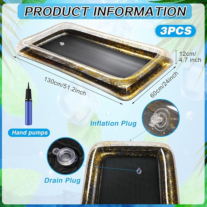 3 Pcs Inflatable Serving Bar Salad Ice Tray Food Drink Candy Buffet Containers Picnic Pool Inflatable Cooler with a Drain Plug and a Hand Pump, 53 x 23.6 x 4.7 Inch(Black)