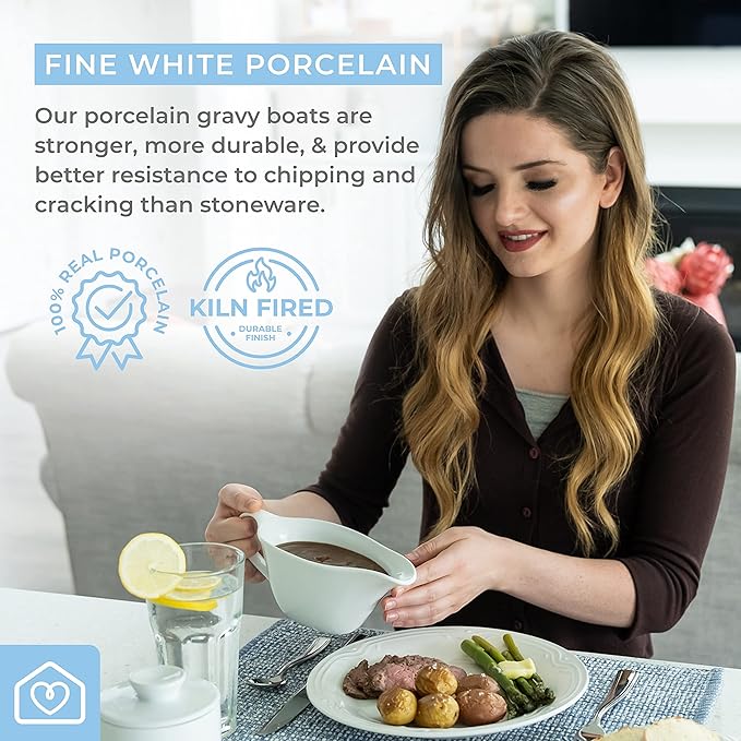 Heartland Home 16oz Porcelain Gravy Boat with Spout – Large Gravy Bowl for Sauce, Cream, and Milk with Large Pourer and Fewer Drips - Microwave and Dishwasher Safe – Classic Ceramic Gift, White