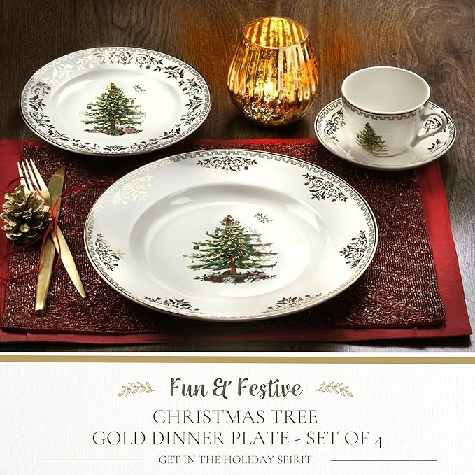 Spode Christmas Tree Gold Dinner Plate (Set of 4) – 10 Inch Porcelain Dinner & Appetizer Dish, Holiday-Themed Serving Plate, Microwave & Dishwasher Safe, Festive Collectible Seasonal Dining