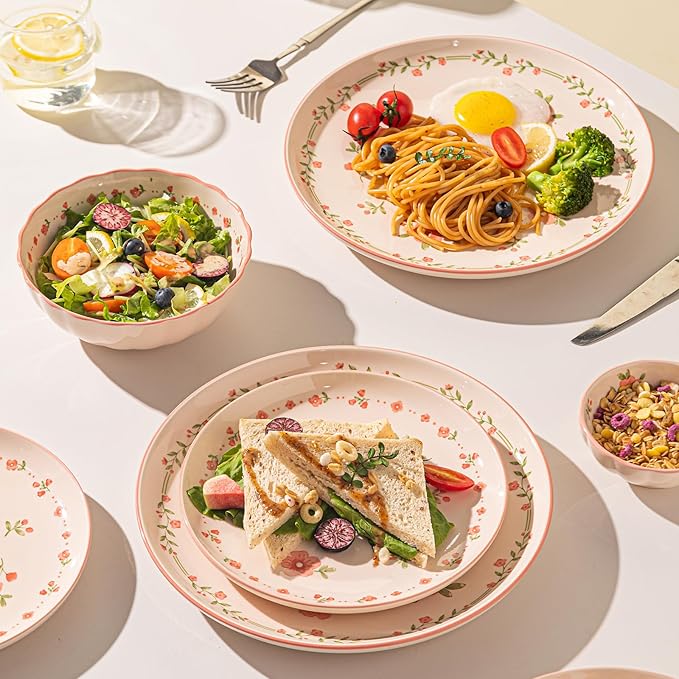 16 Pieces Gourmet Porcelain Dinnerware Sets, Premium Plates and Bowls Set, High-Fired Ceramic Dishes Set for 4, Microwave Dishwasher Safe, Pink Peach Blossom Pattern.