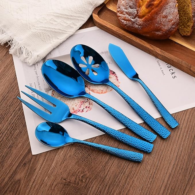 Serving Utensils Set, 5-Piece 18/8 Stainless Steel Hostess Serving Set, Elegant Hammered Serving Utensils for Home Restaurant and Buffet Catering, Heavy and Mirror Polished, Blue