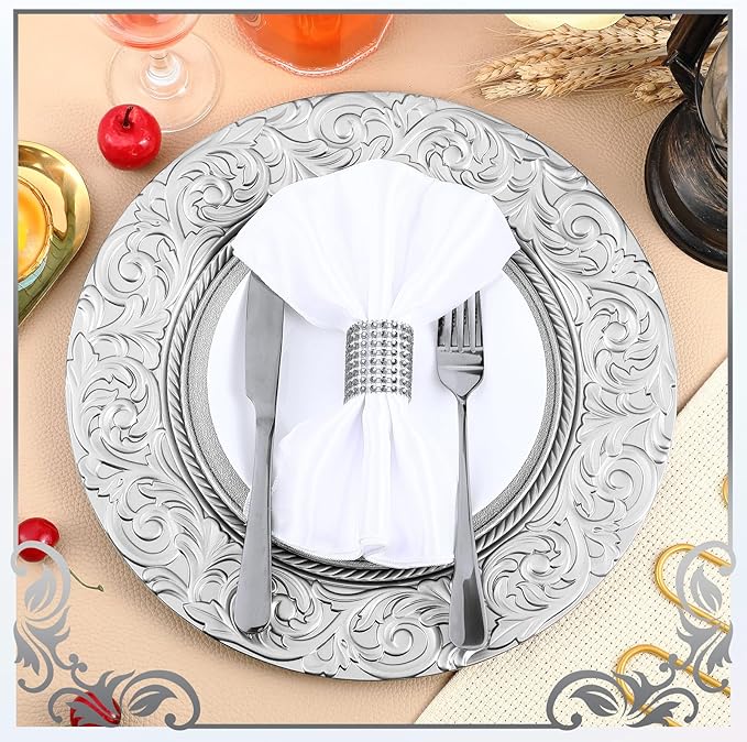 Uiifan 24 Pcs Antique Charger Plates Bulk 13'' Plastic Embossed Dinner Plate Chargers Round Floral Plates for Wedding Decorative Chargers for Table Dinner Kitchen Party Decoration (Silver)