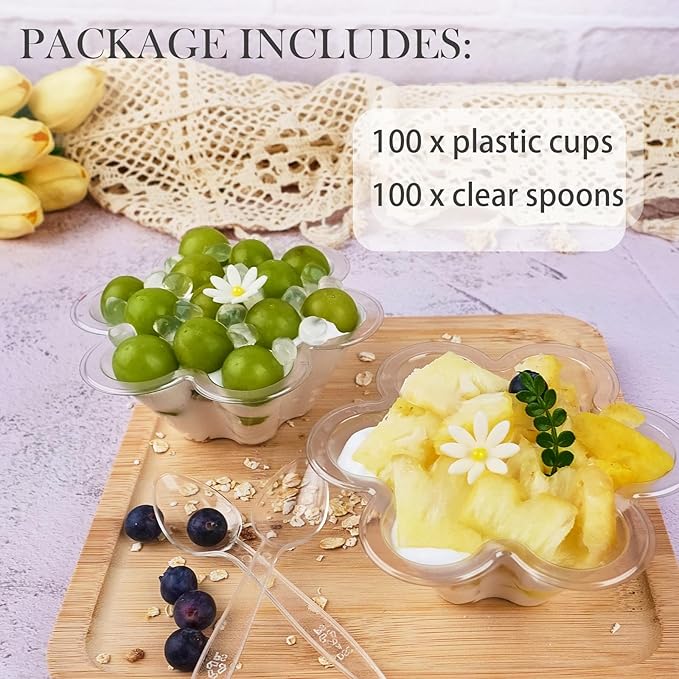 100ct 8oz Clear Plastic Dessert Cups with Spoons, Disposable Flower Shaped Ice Cream Bowls, Party Sundae Serving Bowls for Ice Cream, Nuts and Salad, Trifle Tasters Containers