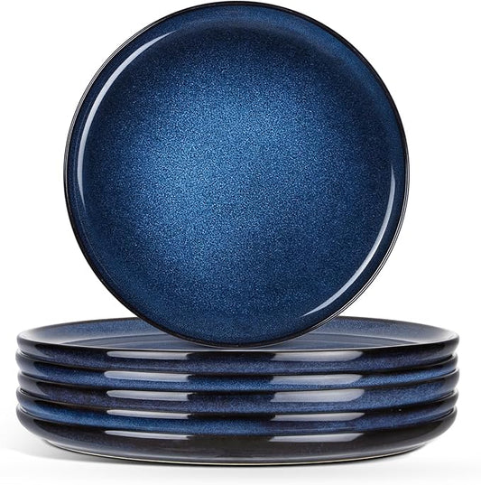 E-far 8” Ceramic Salad Plates Set of 6, Reactive Glaze Stoneware Dishes, Round Dessert Plate for Home Kitchen Restaurant, Microwave & Dishwasher Safe – Deep Sea Blue