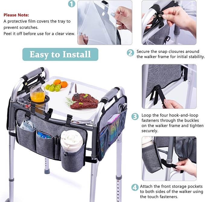 BAGSFY Clear View Walker Tray with Cup Holder & Front, Side Pockets, Transparent Folding Walker Table for Seniors, 8.8lbs Load-Bearing Sturdy PP Tray, Universal Fit Walker Accessory for Elderly