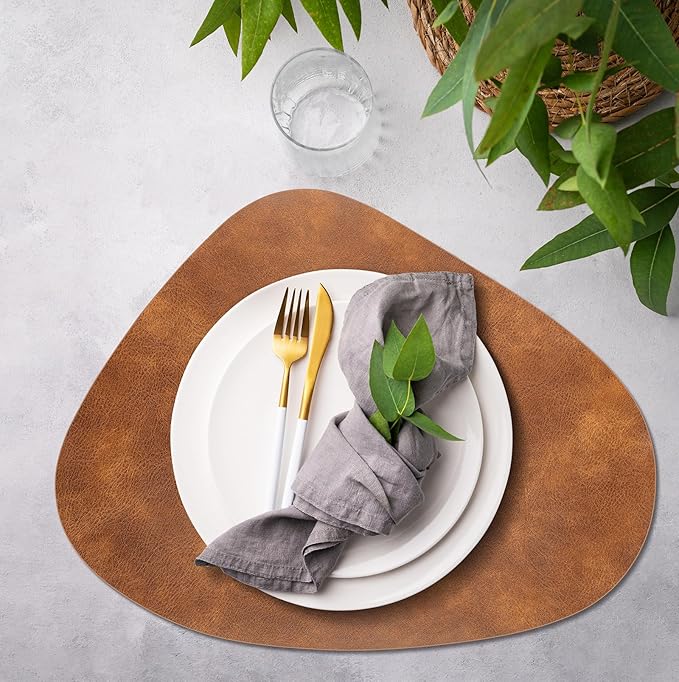 ADRIMER Placemats, Heat Resistant Round Placemats Set of 6 Washable 13 x 17 Inch, Waterproof Table Mats Wipeable for Kitchen, Dining Room Table Christmas Decor, Turmeric Brown