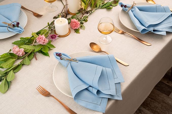 D'Moksha Homes Powder Blue Linen Napkins Set of 4 - Classic Hemstitch 100% Pure Linen Dinner Napkins Cloth 20 x 20 Inch for Winter, Christmas, Holiday, New Year - Handcrafted and Machine Washable