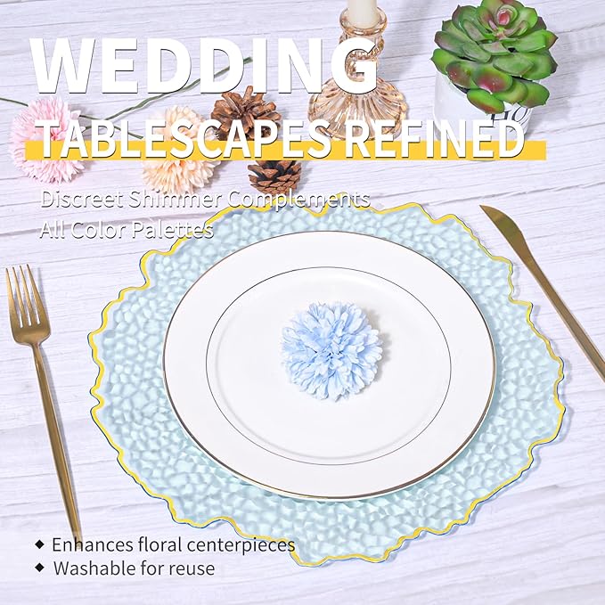 10 Pcs Clear Charger Plates 13 Inch Hammered Blue Plastic Charger Plates with Gold Rim, Transparent Blue Chargers for Dinner Plate, Stone Texture Plate Round Chargers for Wedding Party, Event