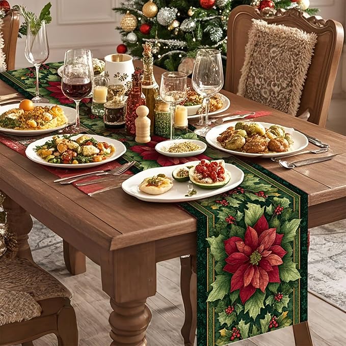 Green Red Flowers Christmas Table Runner Seasonal Winter Kitchen Dining Linen Table Decoration for Indoor Outdoor Home Party Decor 13 x 72 Inch