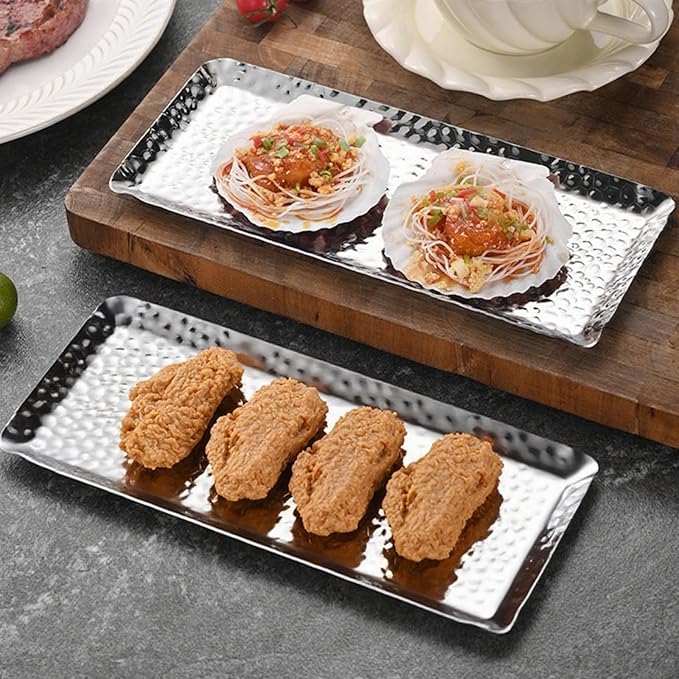 4 Pieces Hammered Silver Tray, Small Stainless Steel Appetizer Platter, 9.8 Inch Decorative Jewelry Dish Vanity Organizer for BBQ, Towel, Candle, Perfume, Cosmetic