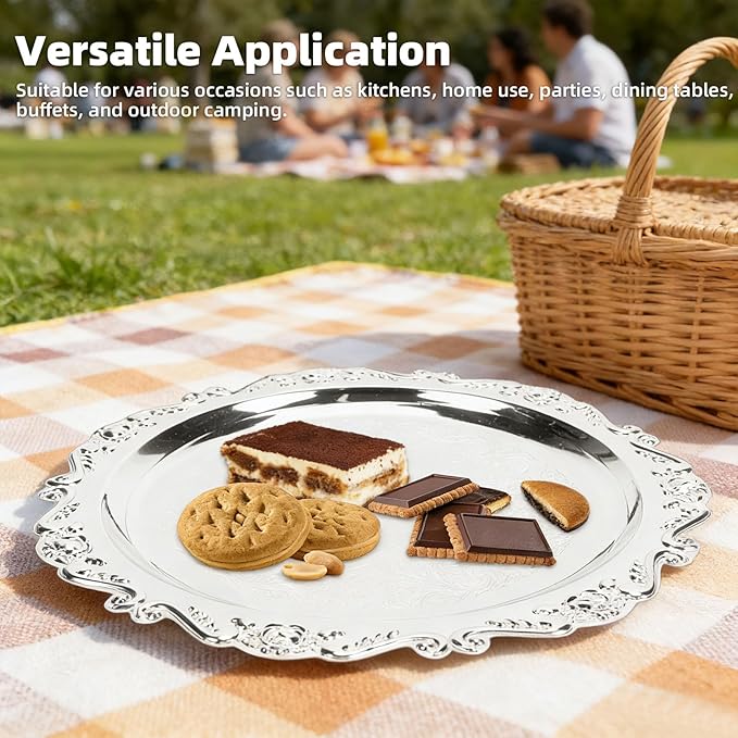 MAVIS LAVEN Floral Engraved Serving Platter, Vintage Multifunctional Mirror Decorative Tray with Silver Retro Design, for Housewarmings Xmas Parties Kitchens Buffets (25cm)