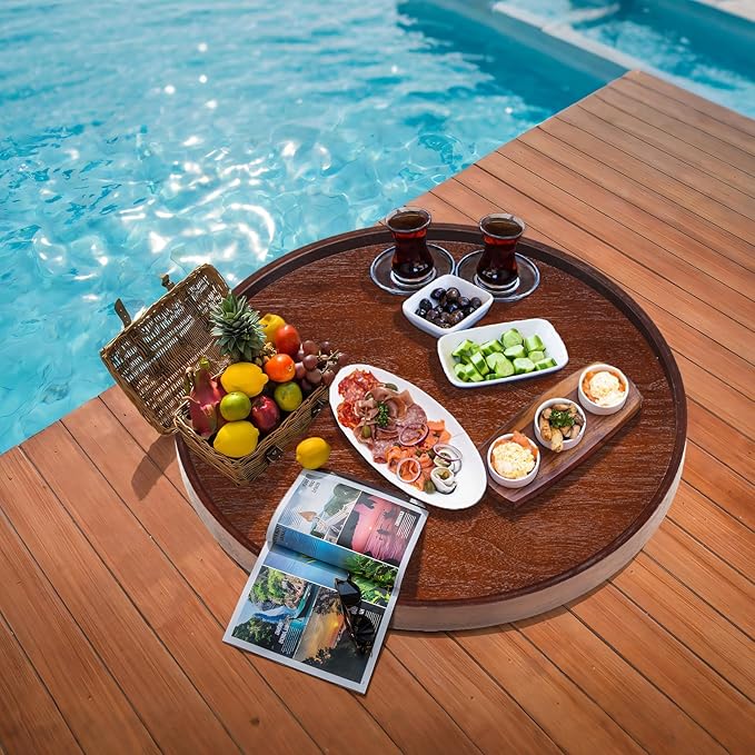 Extra Large Round Solid Wood Serving Tray, Classic Tea Coffee Table Wooden Decorative Ottoman Tray Server for Breakfast in Bed Snack Food Kitchen Party Bar, Raised Edge (27.6inch/70cm) Walnut