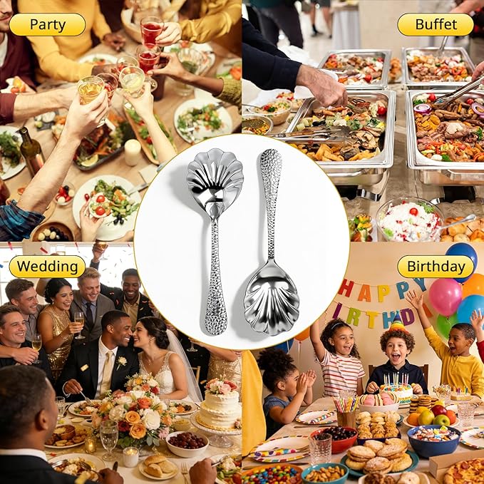 4Pack Serving Spoons 18/10 Stainless Steel Large Serving Spoons Set, Hammered Long Handle Serving Spoons for Buffet, Scalloped Design Serving Utensils for Kitchen Party Buffet Banquet (Silver)