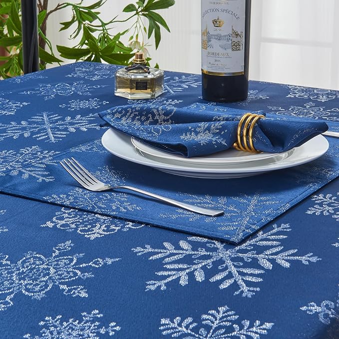 Rectangle Fancy Metallic Sparkling Snowflake Christmas Fabric Table Cloth red Hunter Gold Navy White Silver No-Iron Soil Resistant Woven Holiday Table Cover(Navy Silver/60x144Inch)