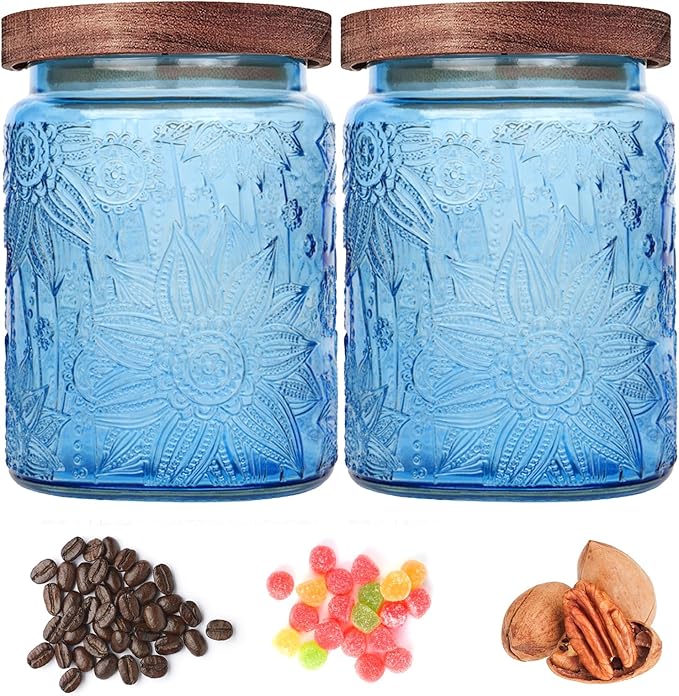 Glass Storage Jars With Airtight Lid, 23.7oz Canister For Kitchen Counter with Wooden Lid, brown sugar, candy, coffee, cookie, salt, tea,pantry cute Jar (2-Pack Blue, 23.7 floz)