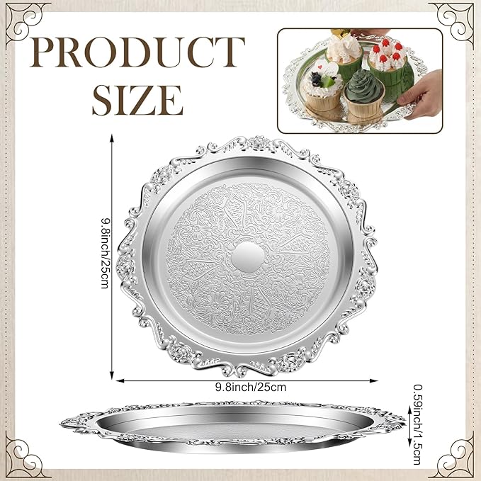 2 Pcs Silver Serving Plates 9.8 Inch Round Platter Serving Tray Decorative Vintage Metal Dessert Plates Vanity Trinket Dishes Jewelry Storage for Wedding Birthday Party Centerpiece
