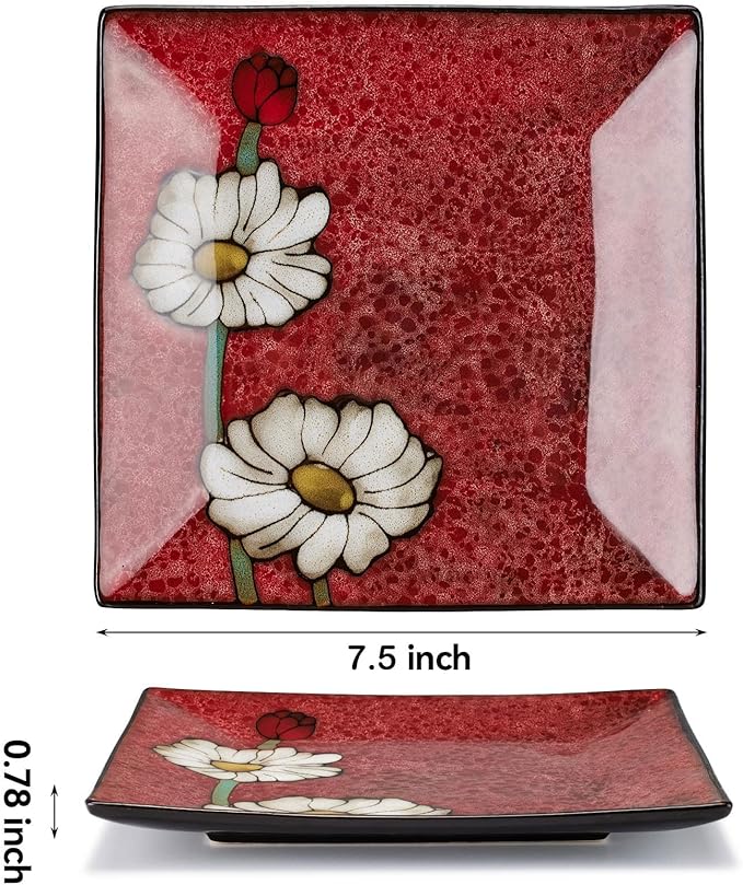 Porcelain Square Dessert Salad Pasta Plates 7.5 inches ceramic plates set of 4 Stackable Dinner Plates for Steak, Pasta, Salad, Snacks, Dessert，Microwave and Dishwasher Safe (Multicolor A, 7.5 Inch)