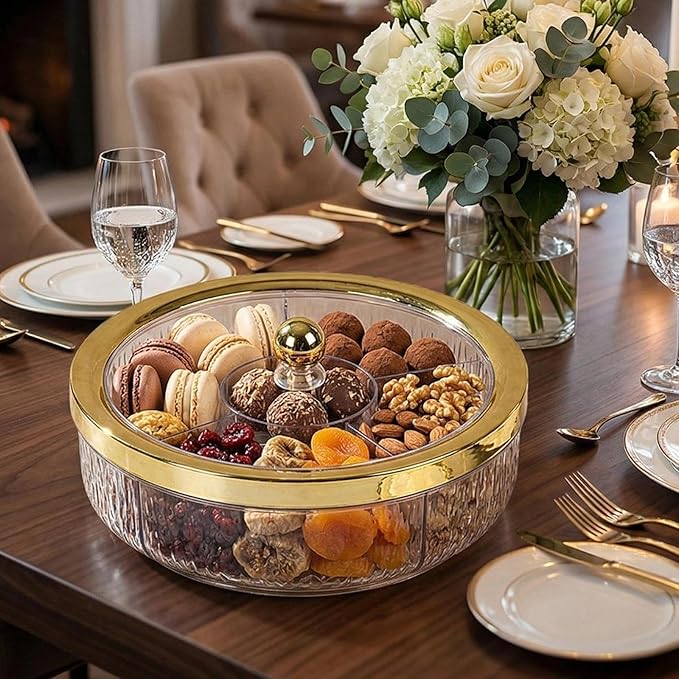 Serving Tray Container Rotating Snack Plate Dried Nuts Platter for Kitchen Entertaining, golden ball