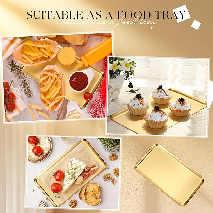 6 Pack Gold Stainless Steel Serving Platters 10.4" Rectangle Serving Tray Decorative Vanity Organizer Tray for Dining BBQ Wedding Party Buffet Appetizer Bathroom Supplies