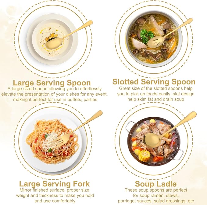 12Pcs Gold Serving Utensils Set, Stainless Steel Serving Utensils Set includes Serving Spoon, Serving Solted Spoons, Fork, Sugar Tongs, Food Tongs, Cake Spatula, Soup Spoon for Parties, Buffet