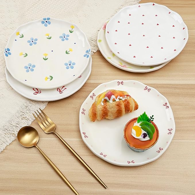 Koythin Floral Ceramic Dinner Plates, 8" Microwave Safe Dishes for Pasta, Modern Rustic Appetizer Plate for Salad Fruits Dessert Cake (Retro Pink Flower)