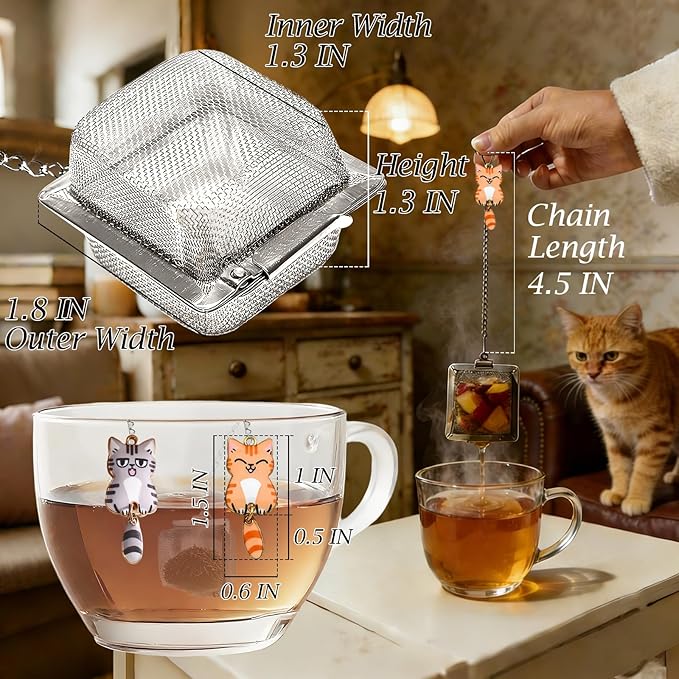 Cat Tea Infuser Set, 2PCS Cubic Loose Leaf Tea Steeper Reusable Stainless Steel Mesh Bags, Cute Tea Strainer with Waving-Tail Cat Charms (Orange Tabby & Silver Tabby)