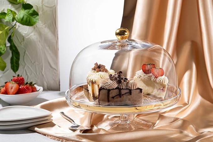 Barski Glass - Cake Stand - and - Dome - with - Gold Rim - and - Gold Knob - for - Cake - Fruit - Cheese - 11.75" Diameter - Made in Europe