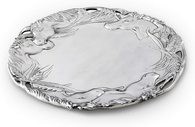 Arthur Court Aluminum Equestrian Horse Design Round Serving Tray Platter, 12-Inch Diameter, Detailed Stallion and Wheat Motif, Food-Safe and Versatile