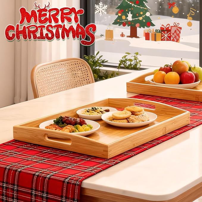 2 Pack Bamboo Serving Tray with Handles, Portable Bed Tray for Breakfast Dinner, Eating Trays for Living Room,Restaurants