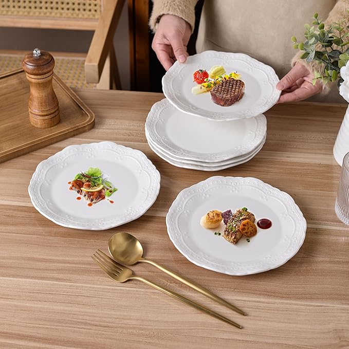 Ceramic Dishes Set of 6,White Porcelain Dinner Plates,Heat Resistant,Scratch Resistant,Highly Glossy Glaze,Embossed,Dishwasher Safe,Microwave Safe,Oven Safe,8 Inch
