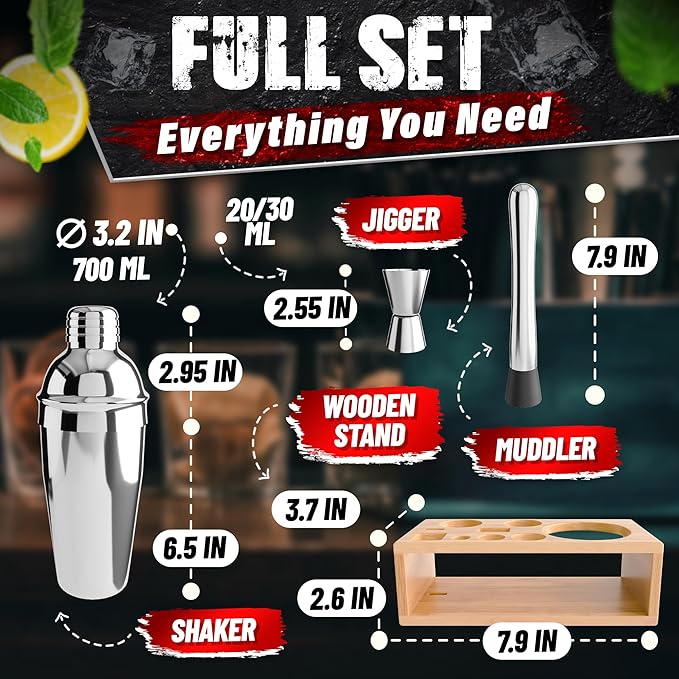 Mixology Bartender Kit with Stand – Stainless Steel Mixed Drink Shaker Set with 10 Accessories, Easy to Clean Bar Tool Set | Wooden Organizer for Home Bar Setup, Great Gift for Cocktail Enthusiasts