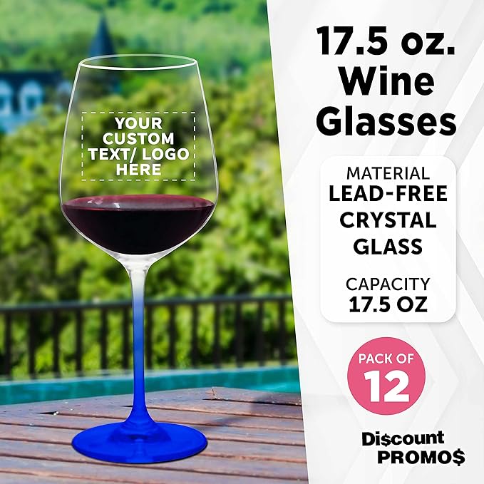 Custom Crystal Wine Glasses 17.5 oz Set of 12, Personalized Bulk Pack - Restaurant Glassware, Perfect for Red Wine or White Wine - Blue