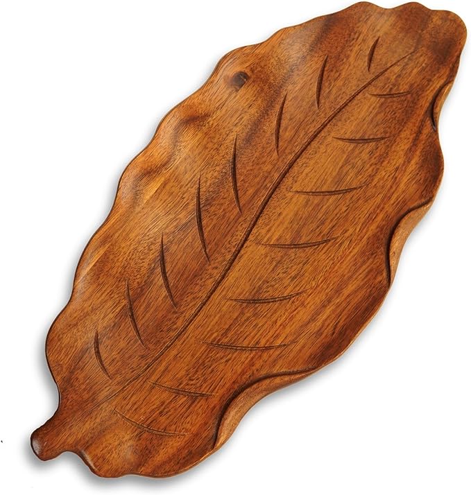 Acacia Wood Decorative Tray - 14" Serving Tray for Candles, Perfume, Leaf Wooden Jewelry Tray Trinket Dish - Farmhouse Table Centerpiece - Wooden Trays for Coffee Table Wedding Home Decor