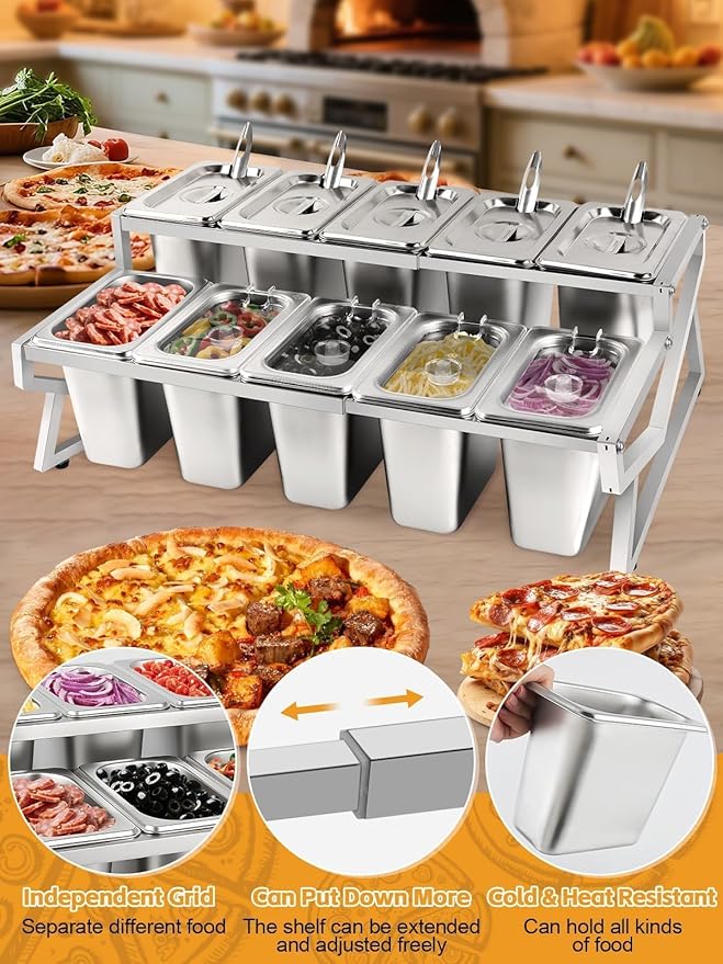 Kalolary 10 Pans Pizza Topping Storage Station, 2 Row Adjustable Stainless Steel Condiment Containers with Lids Spoons Ice Food Serving Display Container Salad Bar Buffet Station for Home Kitchen