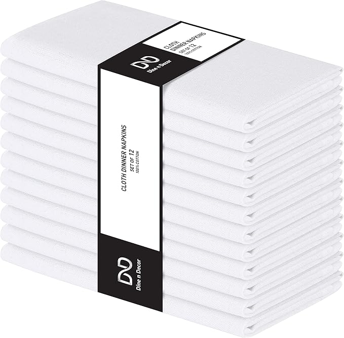 Set of 12 Cloth Dinner Napkins 100% Cotton - Soft Durable Washable - Ideal for Farmhouse Party Weddings Christmas Easter - Perfect Everyday Use Table Linen Cloth Napkins White 17x17