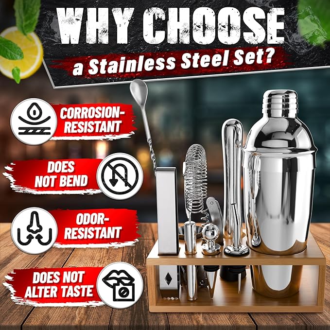 Mixology Bartender Kit with Stand – Stainless Steel Mixed Drink Shaker Set with 10 Accessories, Easy to Clean Bar Tool Set | Wooden Organizer for Home Bar Setup, Great Gift for Cocktail Enthusiasts