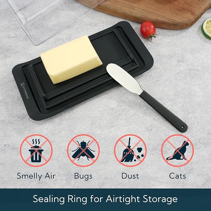 KITCHENDAO Airtight Butter Dish with Lid and Knife, Plastic Butter Dish for Countertop and Refrigerator, Keep Butter Fresh, Easy Scoop-Dishwasher Safe-butter Tray for West/ East Coast Butter, Black