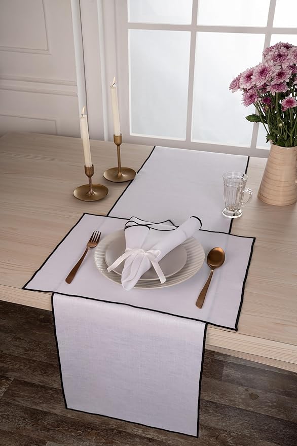 D'Moksha Homes White Linen Placemats with Black Embroidered Trim, Set of 4-14 x 19 Inch, 100% Pure Linen Cloth Placemats White & Black for Dining, Christmas, Holiday, New Year - Machine Washable