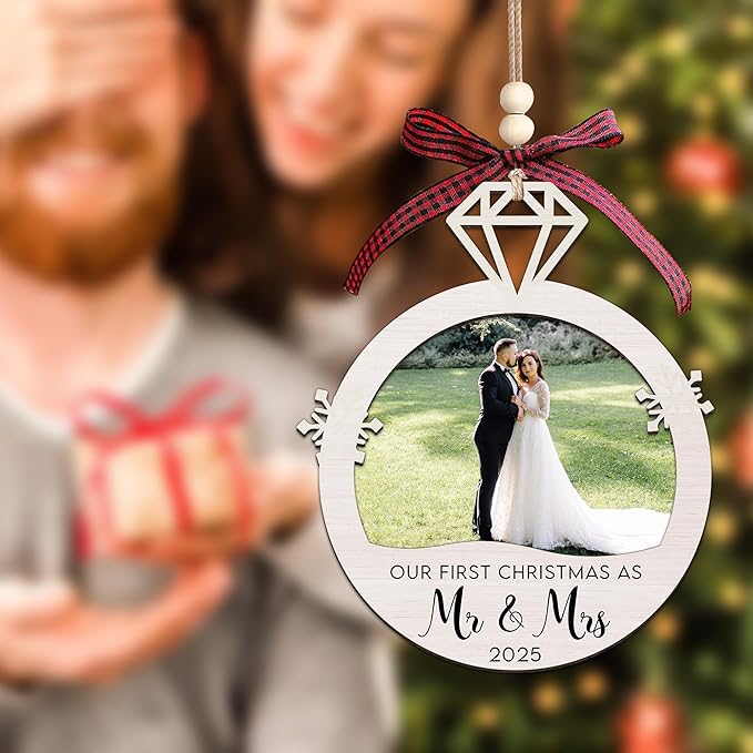 Personalized First Christmas Mr and Mrs Ornament Gifts - Wedding Gifts 2025 - Bridal Shower Bride Gift Ideas for Her, Married Couple, Newlywed - Picture Frame Wood Hanging Ornament 2025